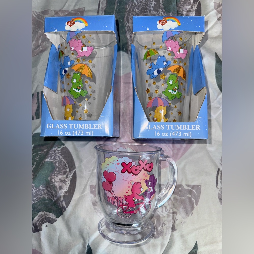 Care Bears (Set Of 3) 16 Ounce Glass Tumbler Drinking Collectible New In Box